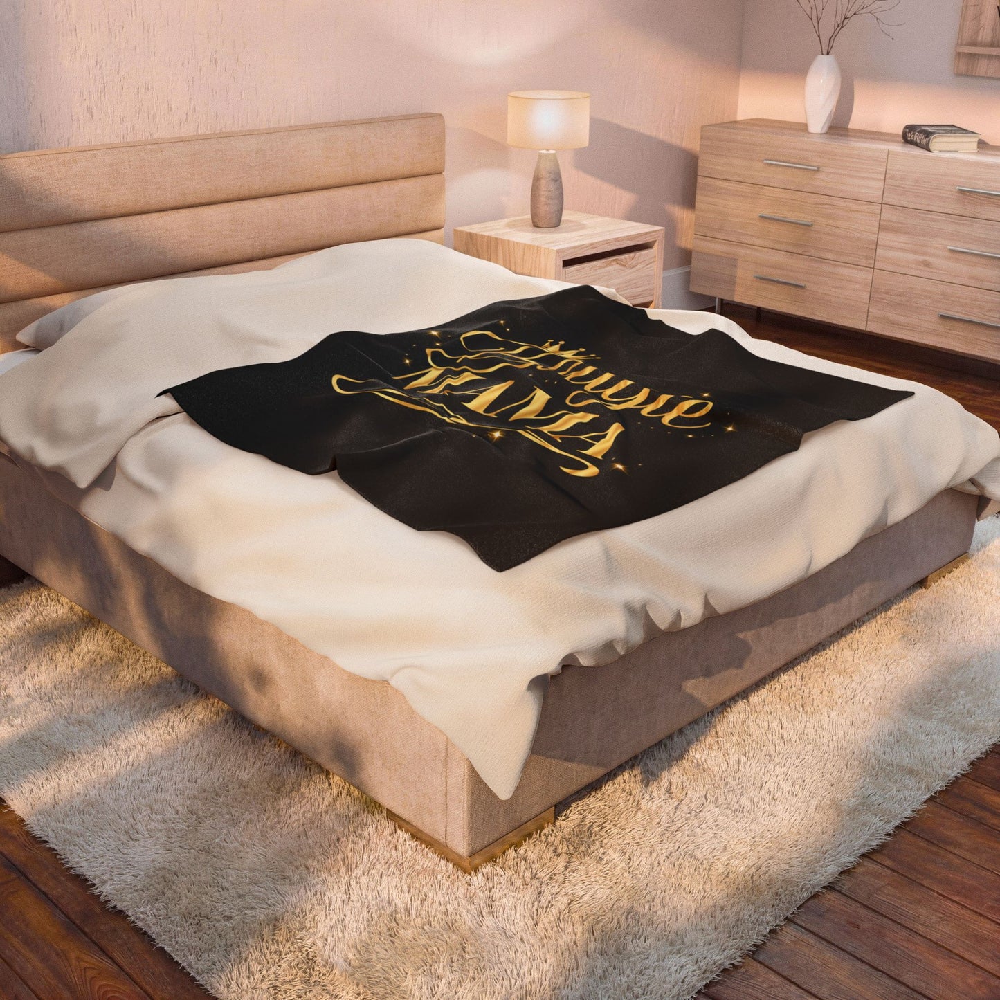 Bougie Mama Velveteen Plush Blanket (Black)— Luxurious Gold Script Throw for Moms, Mother's Day Gift