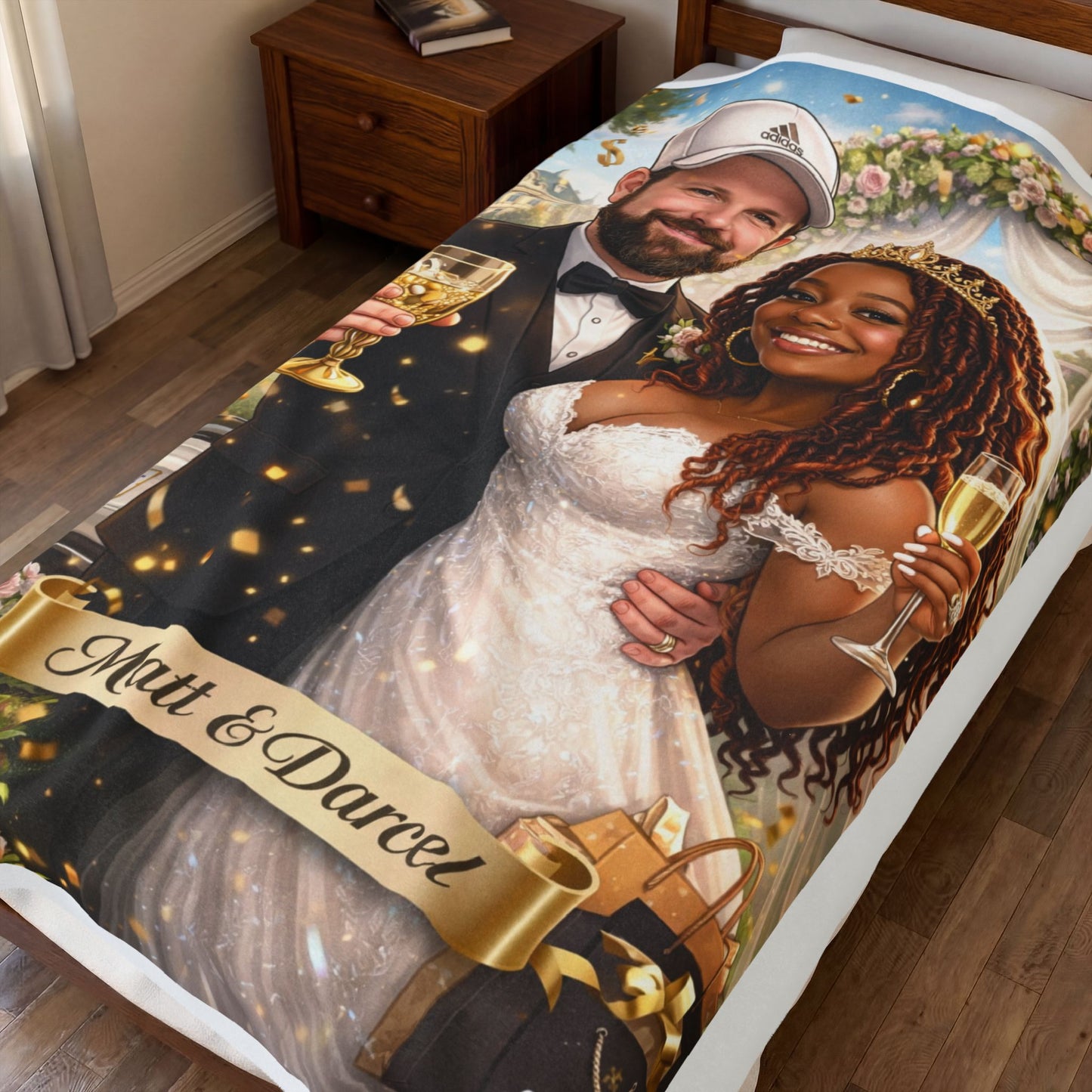 Custom Wedding Couple Velveteen Plush Blanket – Personalized 'Matt & Darcel' Champagne Toast Design