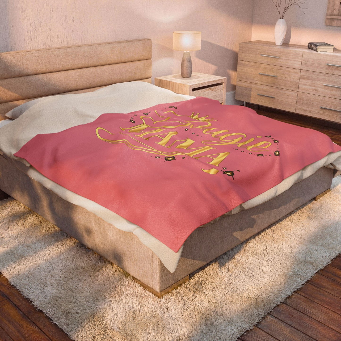 Bougie Mama Velveteen Plush Blanket – Pink & Gold Cozy Throw for Stylish Moms, Mother’s Day Gift