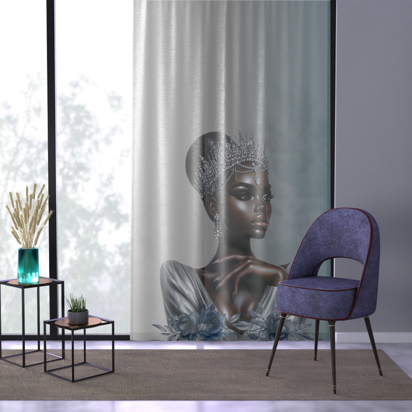 Queen Silver: Artistic Window Curtain with Floral and Regal Motif