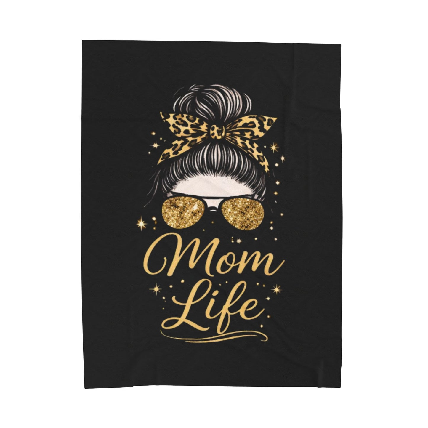 Mom Life Velveteen Plush Blanket (Black)— Leopard Bow & Gold Glitter Sunglasses Design