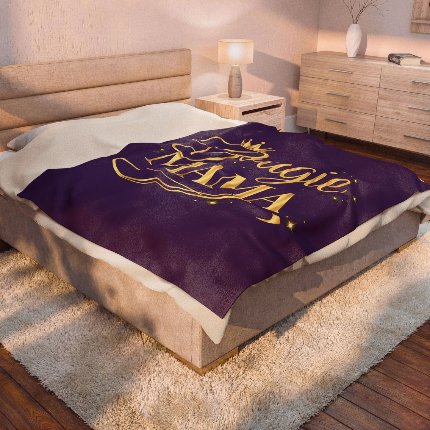 Bougie Mama Velveteen Plush Blanket (Purple) — Gold Crown Cozy Throw for Moms