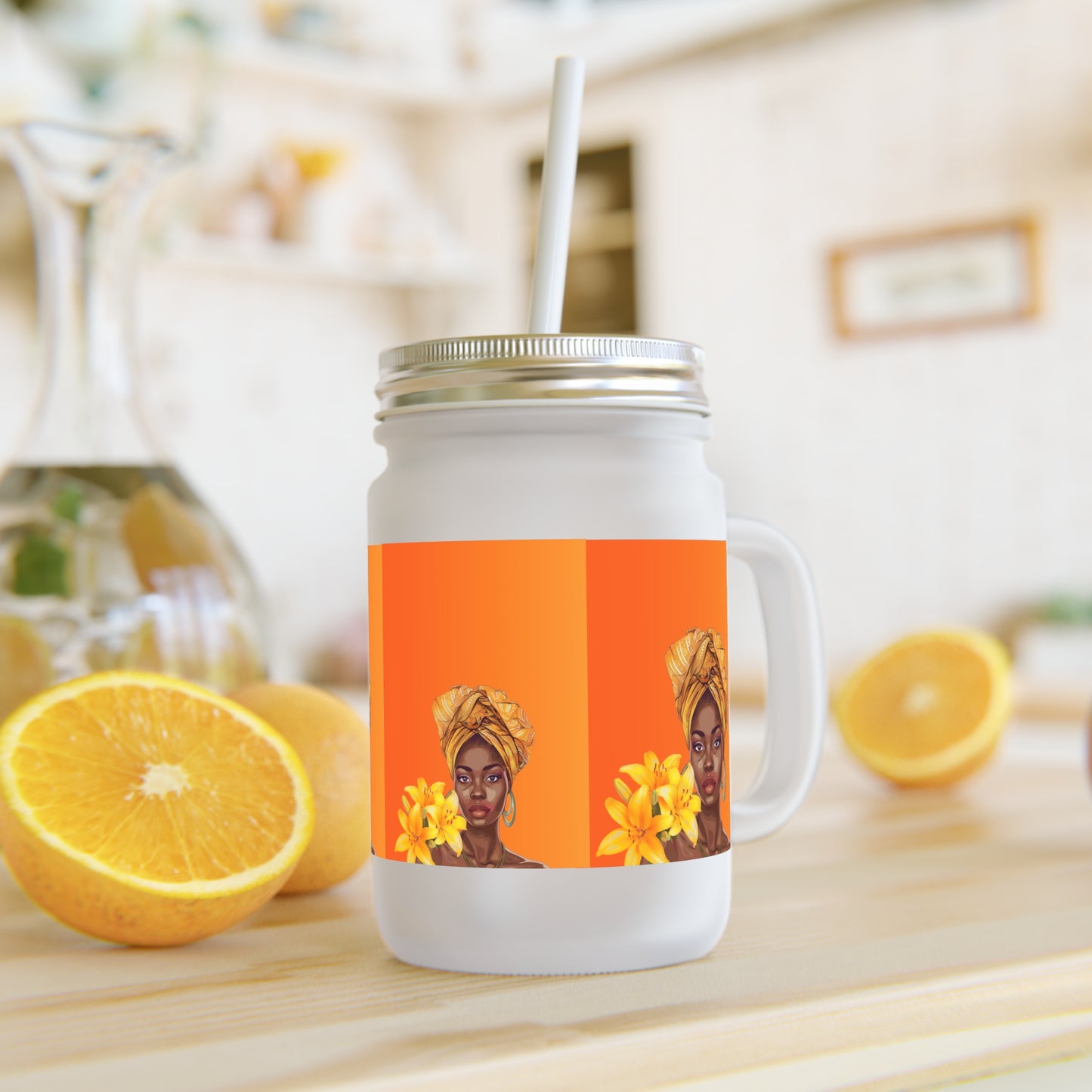 Floral Art Mason Jar with Straw - Afrocentric Design for Summer Parties & Gifts
