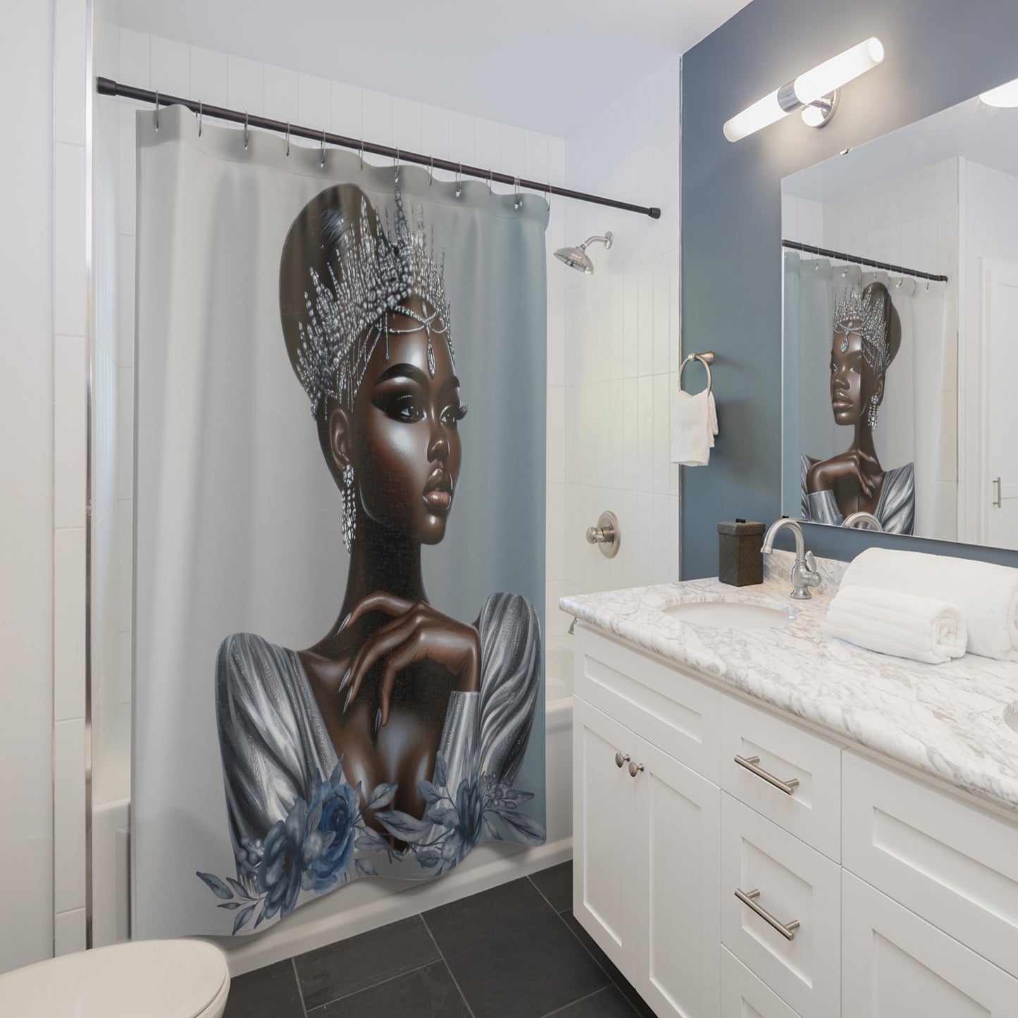 Silver Shower Curtain - African American Queen Design