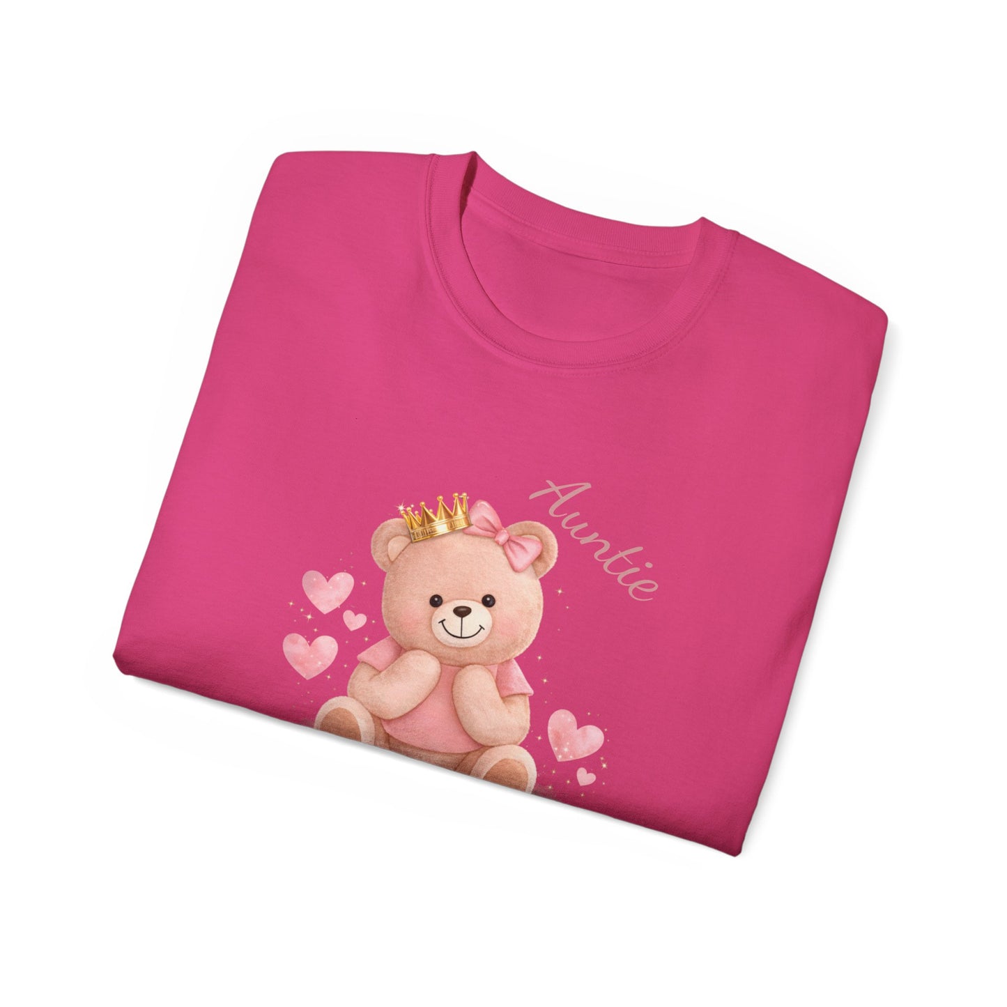 “Auntie Is a Queen” Cotton Tee — Cute Pink Crowned Bear Gift