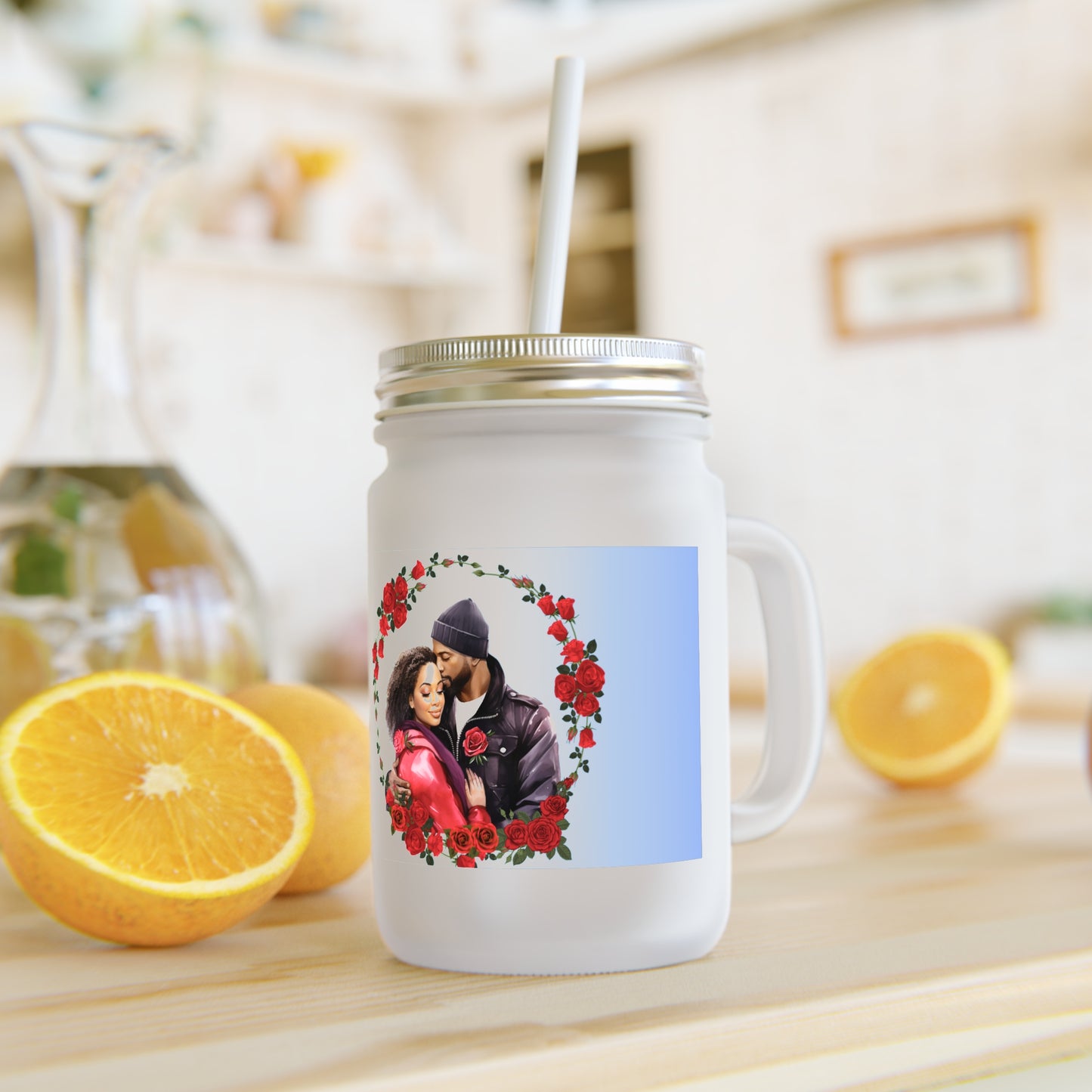 Romantic Floral Mason Jar with Straw - Perfect for Couples and Special Occasions