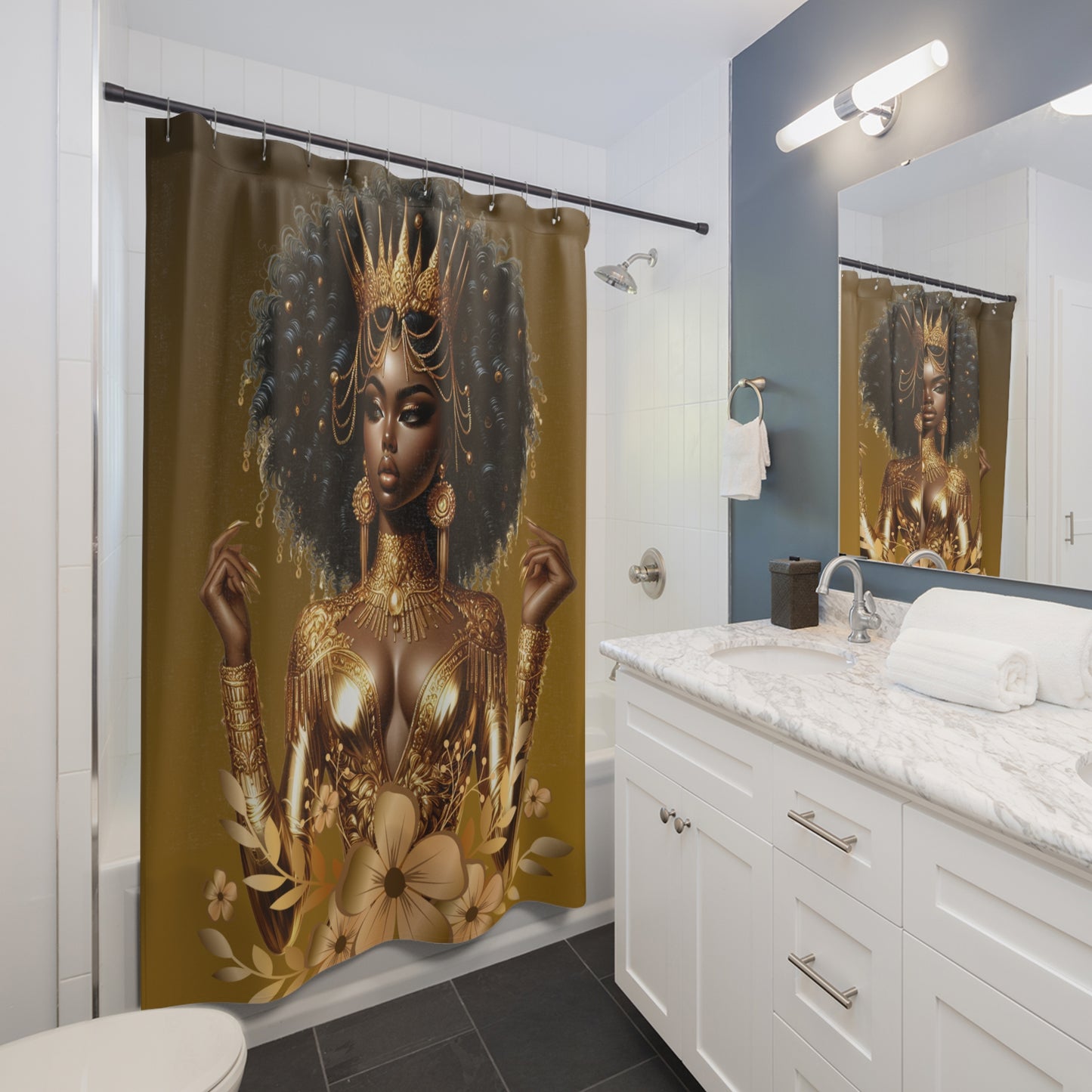 Golden Goddess Shower Curtain – Gold and Floral Design for Elegant Bathrooms