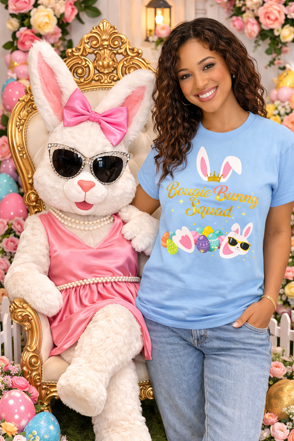 Bougie Bunny Squad T‑Shirt 3 — Cute Easter Bunny & Colorful Eggs Tee