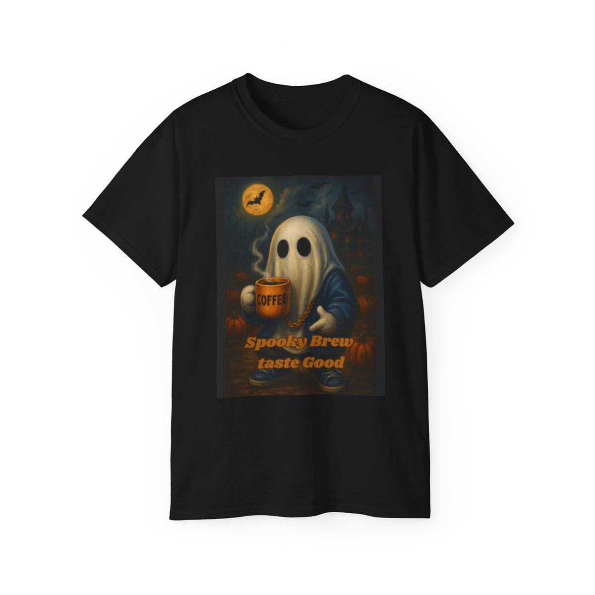 Spooky Ghost Coffee Cotton T-Shirt (Pumpkin Patch)