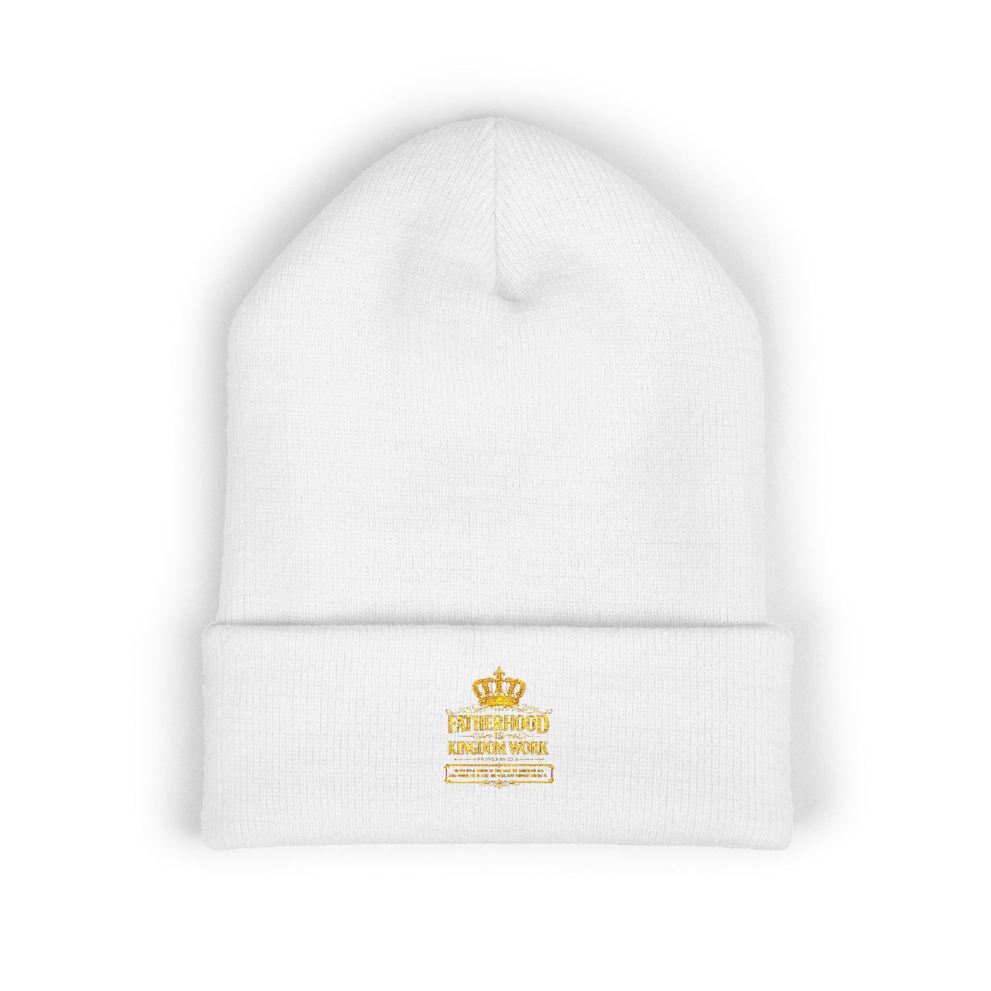 Embroidered Gold Crown Cuffed Beanie — Classic Winter Knit Hat