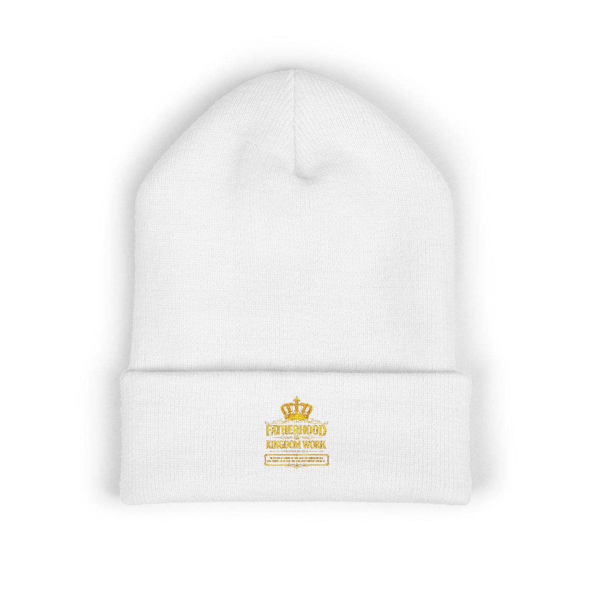 Embroidered Gold Crown Cuffed Beanie — Classic Winter Knit Hat
