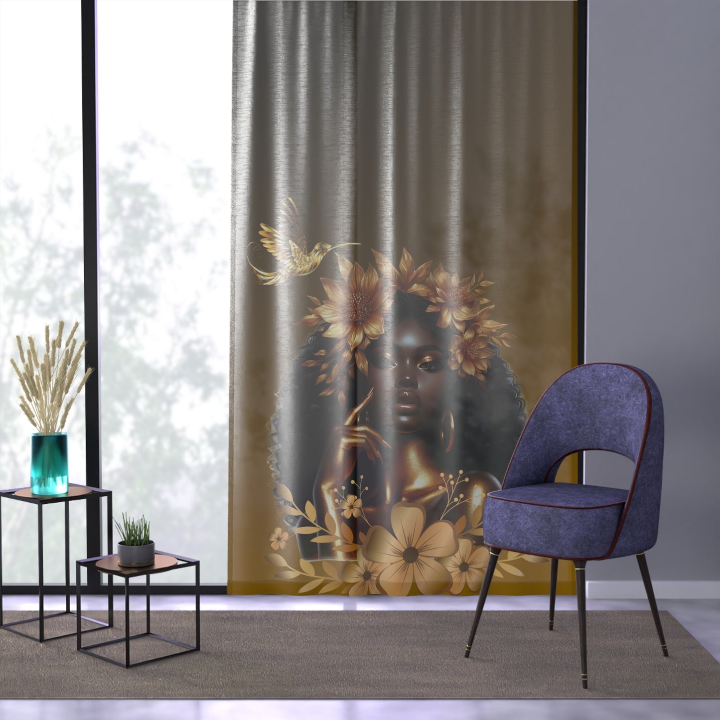 Queen Hummingbird Window Curtain with Floral Design