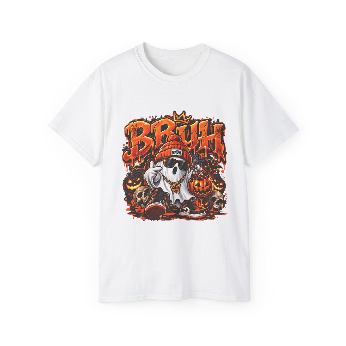 Halloween 'Bruh' Ghost Tee –Enhanced Spooky Pumpkin Skull Graphic T-Shirt