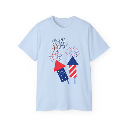 Fourth of July Fireworks Tee — "Happy 4th July" Patriotic Rocket T-Shirt