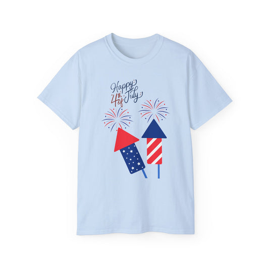 Fourth of July Fireworks Tee — "Happy 4th July" Patriotic Rocket T-Shirt