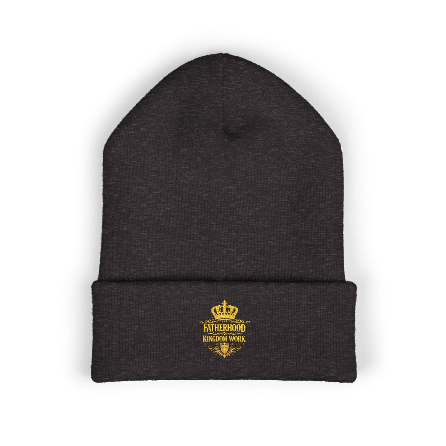 Embroidered Gold Crown Cuffed Beanie — Classic Knit Winter Hat