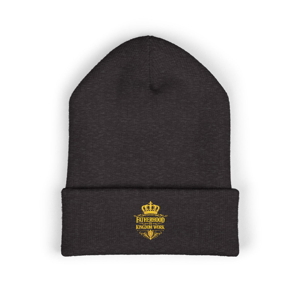 Embroidered Gold Crown Cuffed Beanie — Classic Knit Winter Hat