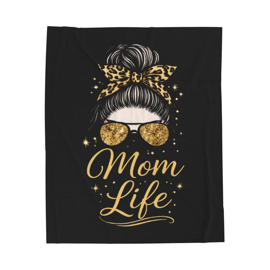 Mom Life Velveteen Plush Blanket (Black)— Leopard Bow & Gold Glitter Sunglasses Design