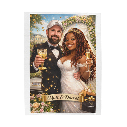 Custom Wedding Couple Velveteen Plush Blanket – Personalized 'Matt & Darcel' Champagne Toast Design