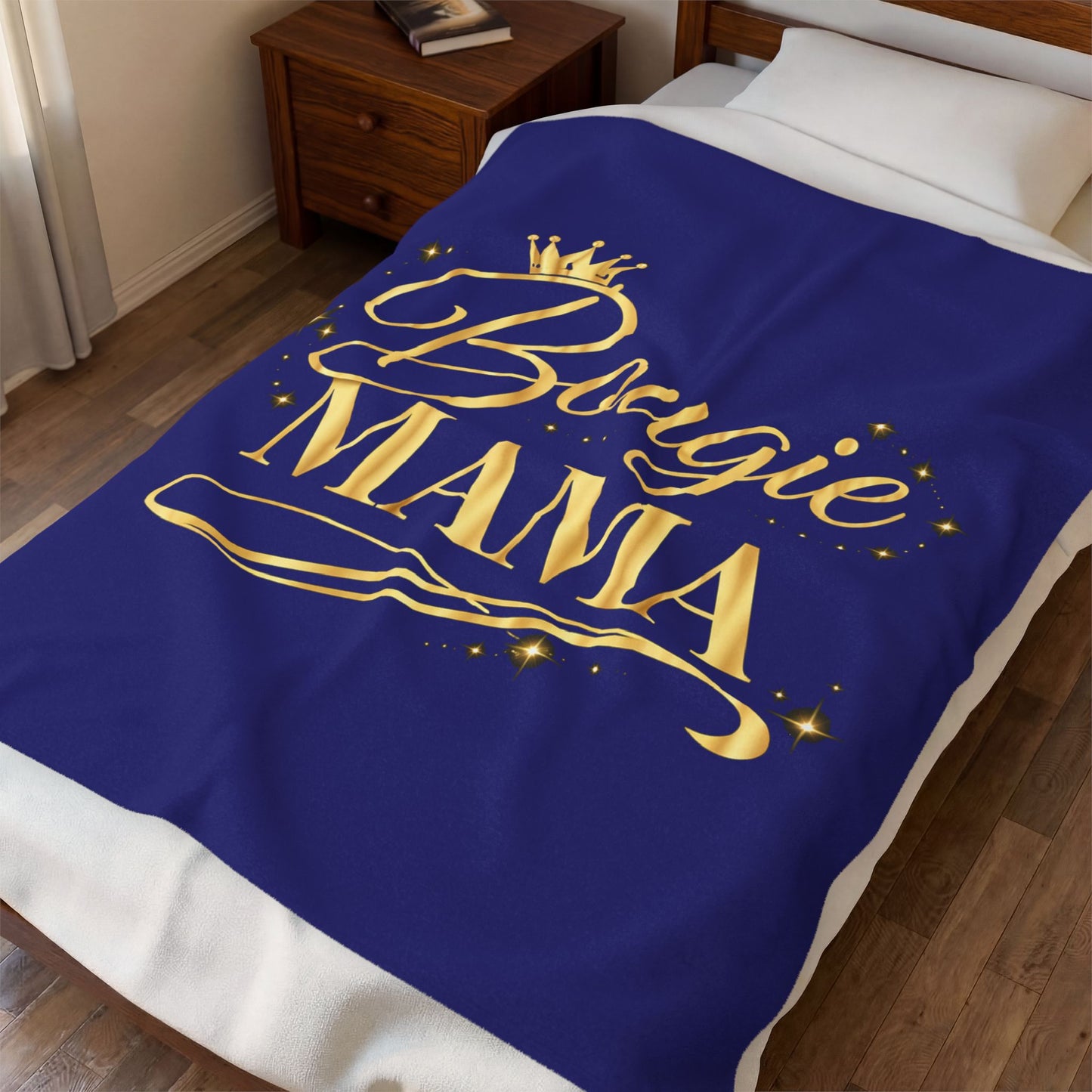 Bougie Mama Velveteen Plush Blanket (Blue) — Royal Gold Script Throw for Stylish Moms