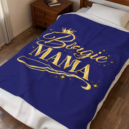 Bougie Mama Velveteen Plush Blanket (Blue) — Royal Gold Script Throw for Stylish Moms
