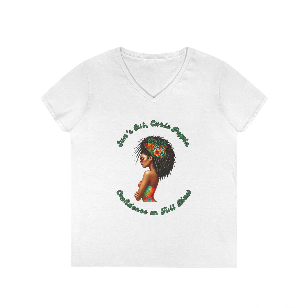 Curls Poppin-Ladies' V-Neck T-Shirt with Confident Design