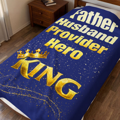"Father Husband Provider Hero King" Gold Crown Tribute Velveteen Blanket (Blue)