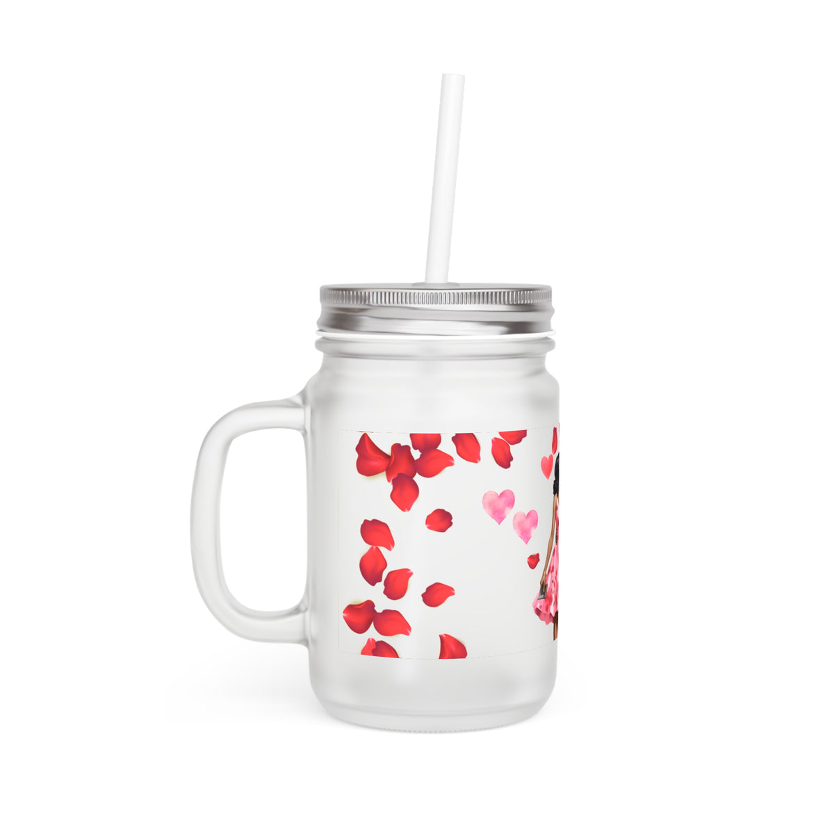Romantic Heart-Print Mason Jar with Straw - Perfect for Couples and Special Occasions