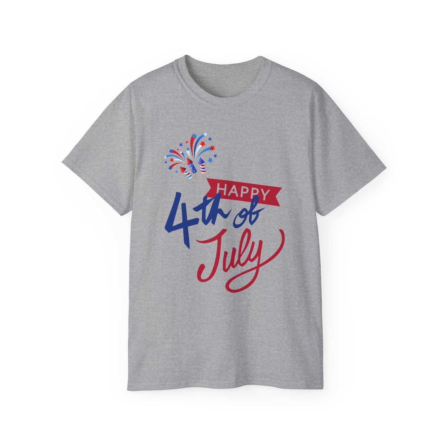 4th of July Graphic Tee - "Happy 4th of July" Fireworks Patriotic T-Shirt