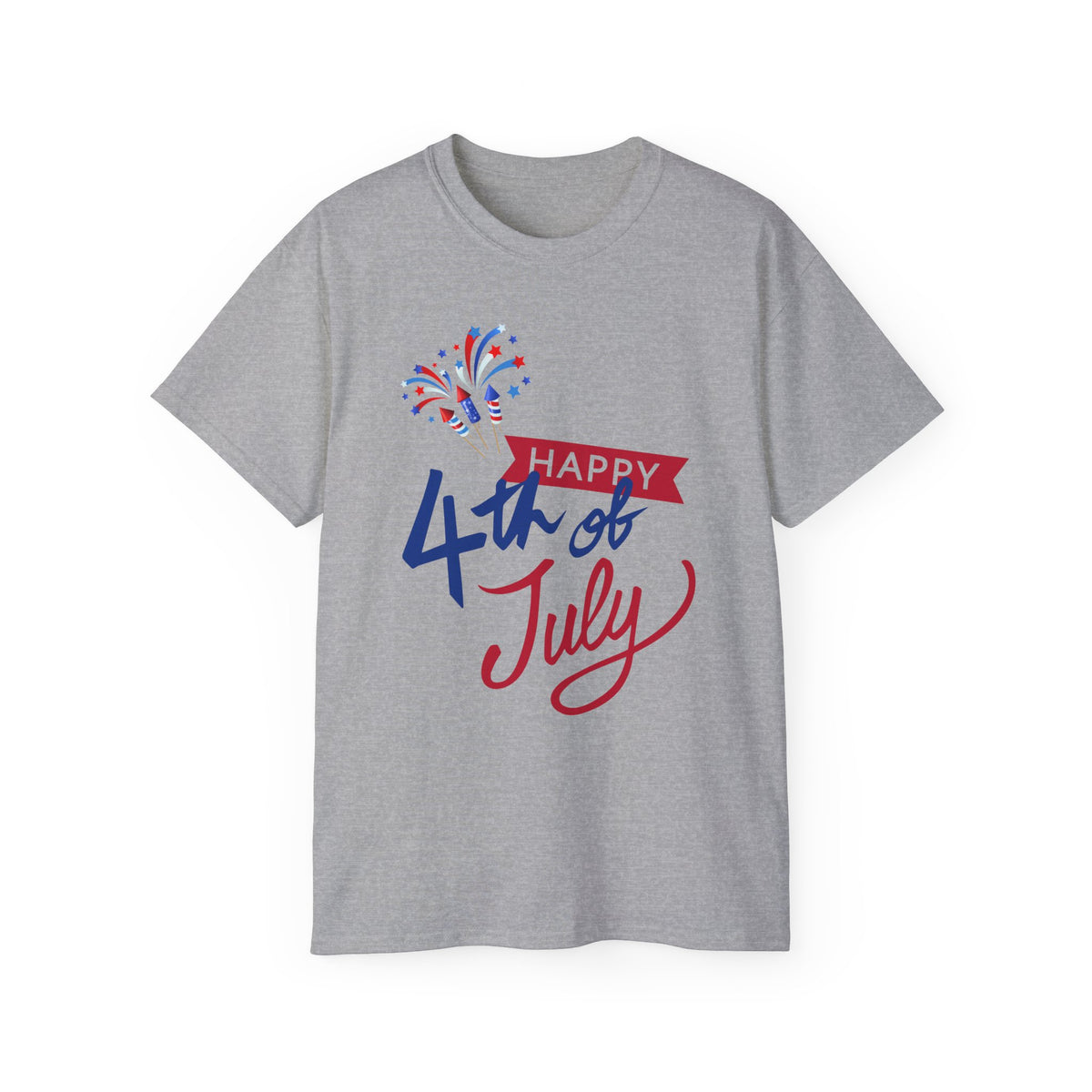 4th of July Graphic Tee - "Happy 4th of July" Fireworks Patriotic T-Shirt