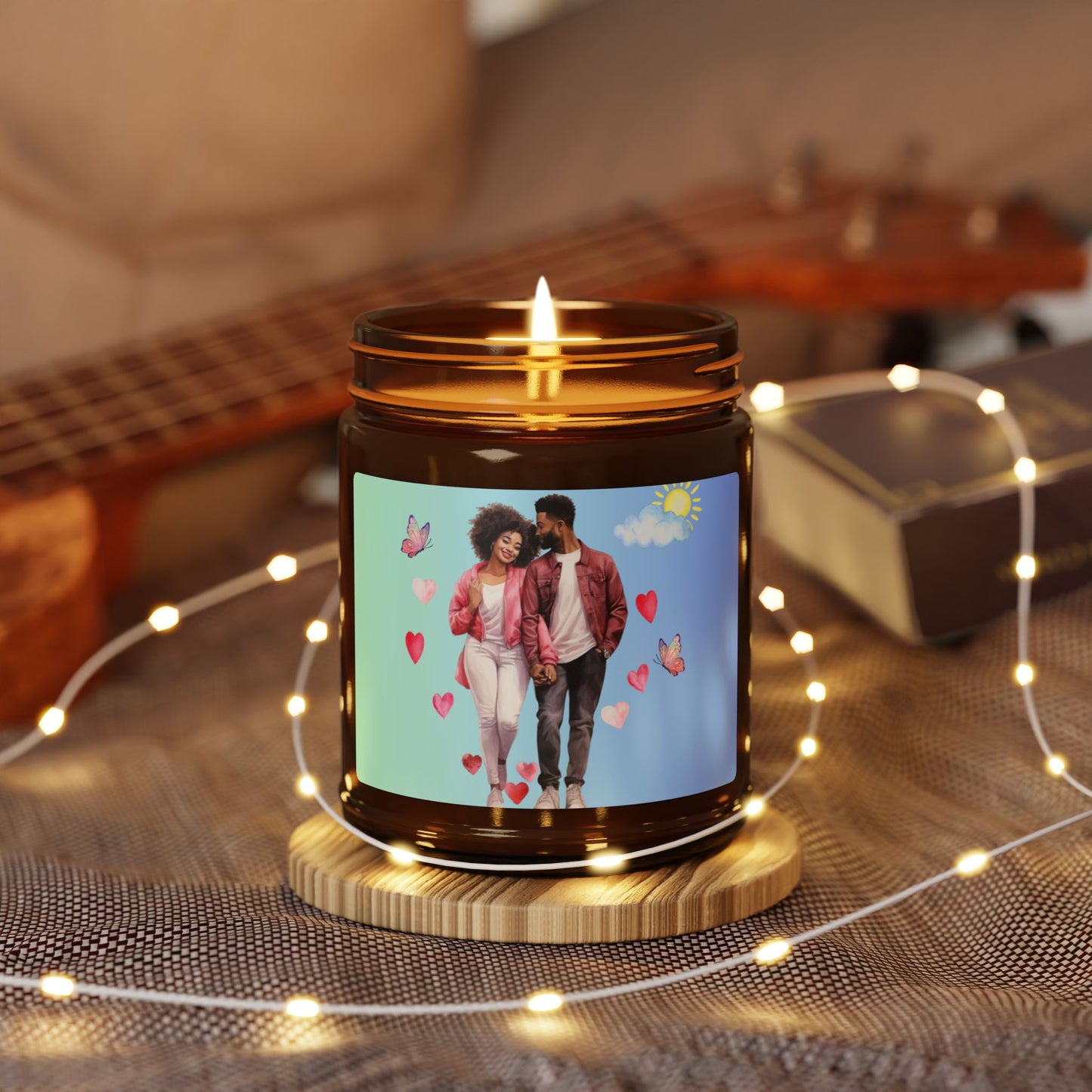 Hearts and Butterflies-Scented Soy Candle (Multi-Size, Amber Jar)