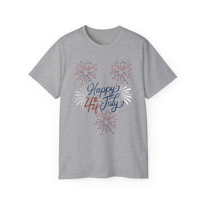 4th of July Fireworks Tee - "Happy 4th of July" Patriotic Cotton Shirt