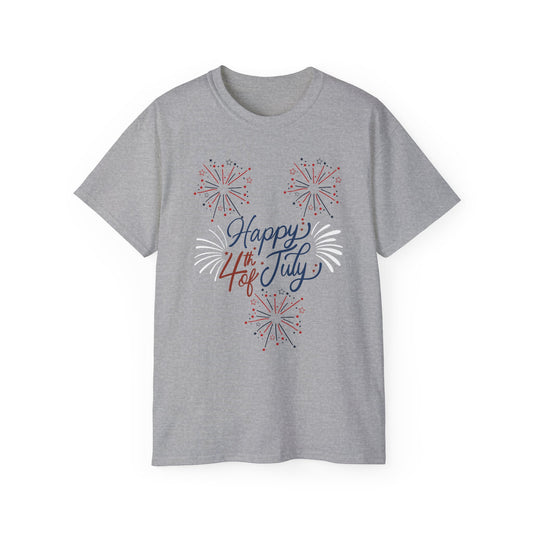 4th of July Fireworks Tee - "Happy 4th of July" Patriotic Cotton Shirt