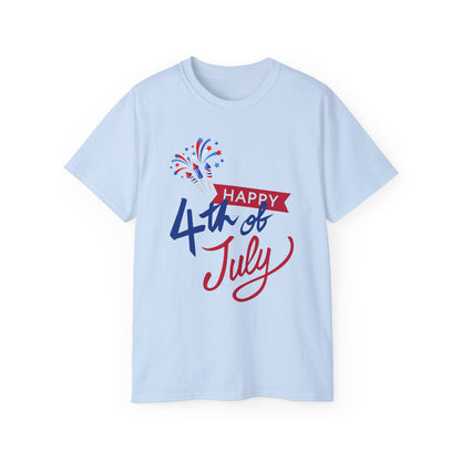 4th of July Graphic Tee - "Happy 4th of July" Fireworks Patriotic T-Shirt