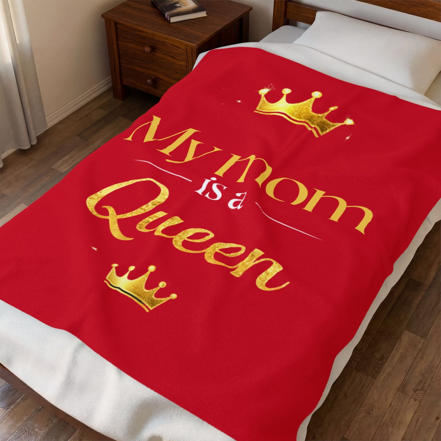 Velveteen Plush Blanket — "My Mom is a Queen" Gold Crown Mother's Day Throw