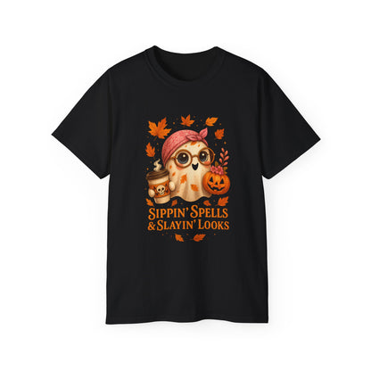 Sippin Spells and Slayin looks Halloween Tee