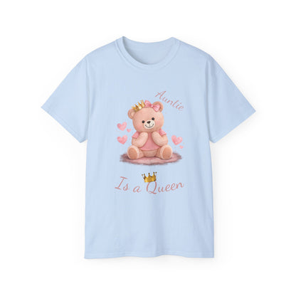 “Auntie Is a Queen” Cotton Tee — Cute Pink Crowned Bear Gift