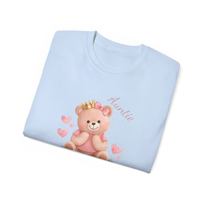 “Auntie Is a Queen” Cotton Tee — Cute Pink Crowned Bear Gift