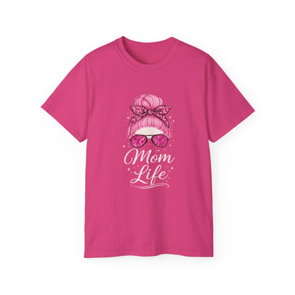 Mom Life Graphic Tee — Pink Messy Bun Sunglasses Mother's Day T-Shirt