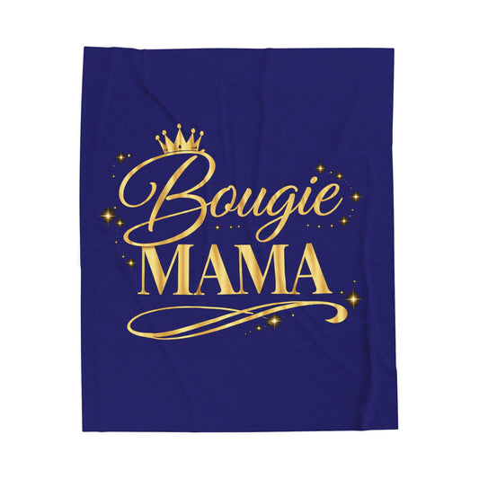 Bougie Mama Velveteen Plush Blanket (Blue) — Royal Gold Script Throw for Stylish Moms