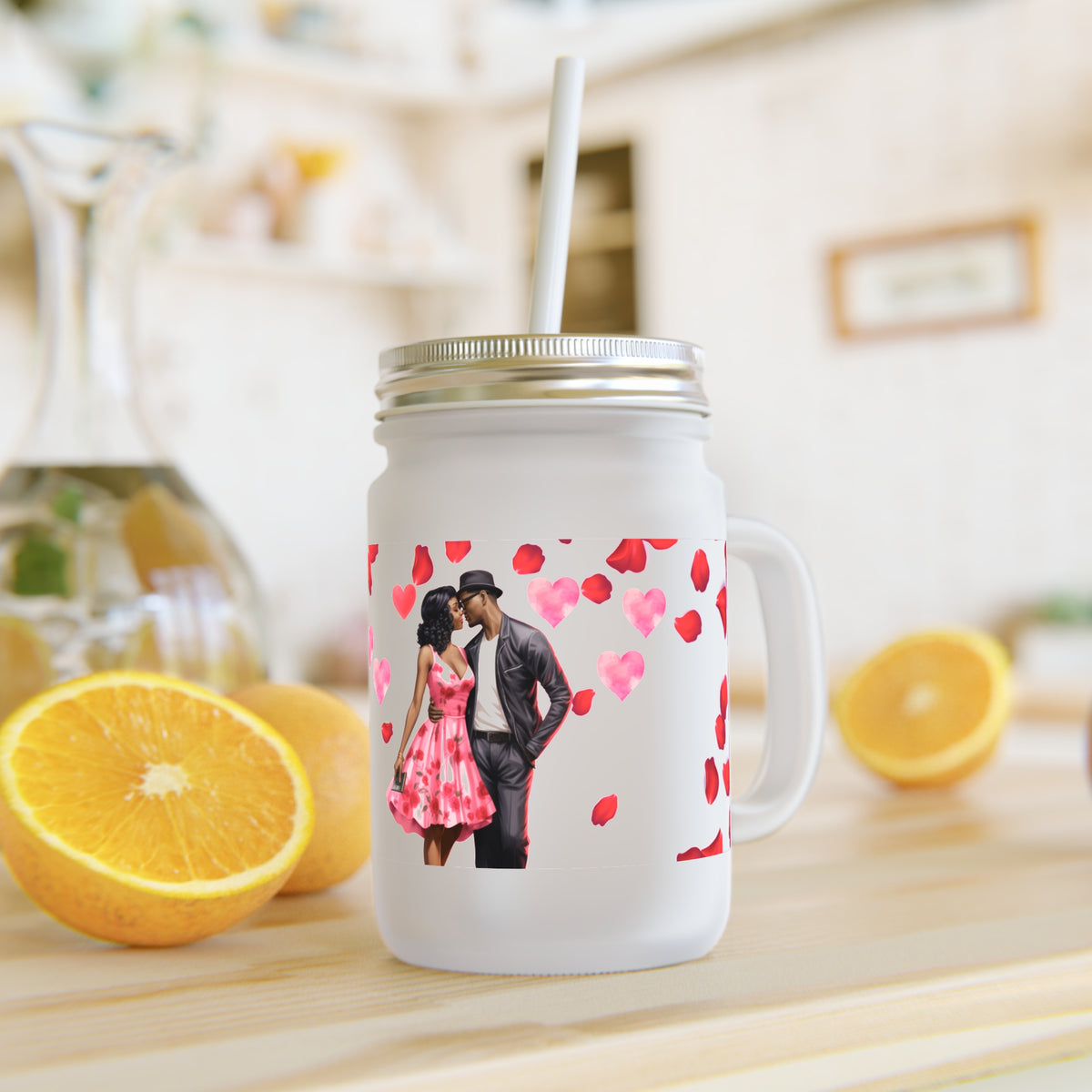 Romantic Heart-Print Mason Jar with Straw - Perfect for Couples and Special Occasions
