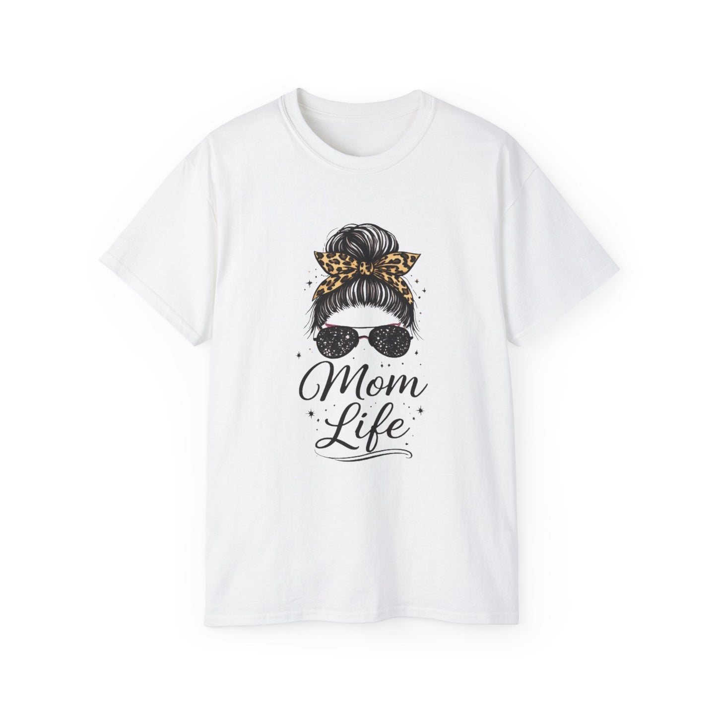 Mom Life Tee — Leopard Bandana Messy Bun Graphic Shirt for Moms