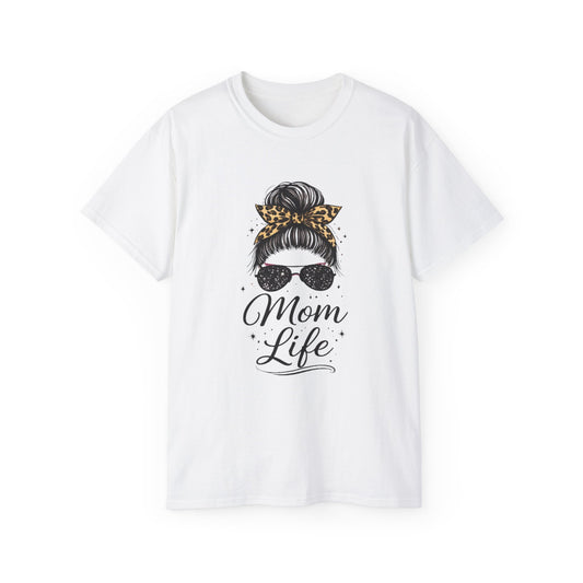 Mom Life Tee — Leopard Bandana Messy Bun Graphic Shirt for Moms