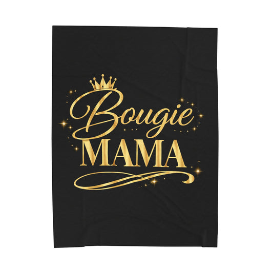 Bougie Mama Velveteen Plush Blanket (Black)— Luxurious Gold Script Throw for Moms, Mother's Day Gift