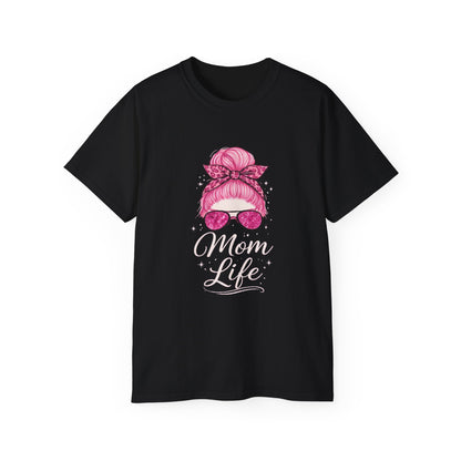 Mom Life Graphic Tee — Pink Messy Bun Sunglasses Mother's Day T-Shirt