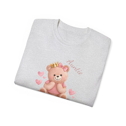 “Auntie Is a Queen” Cotton Tee — Cute Pink Crowned Bear Gift