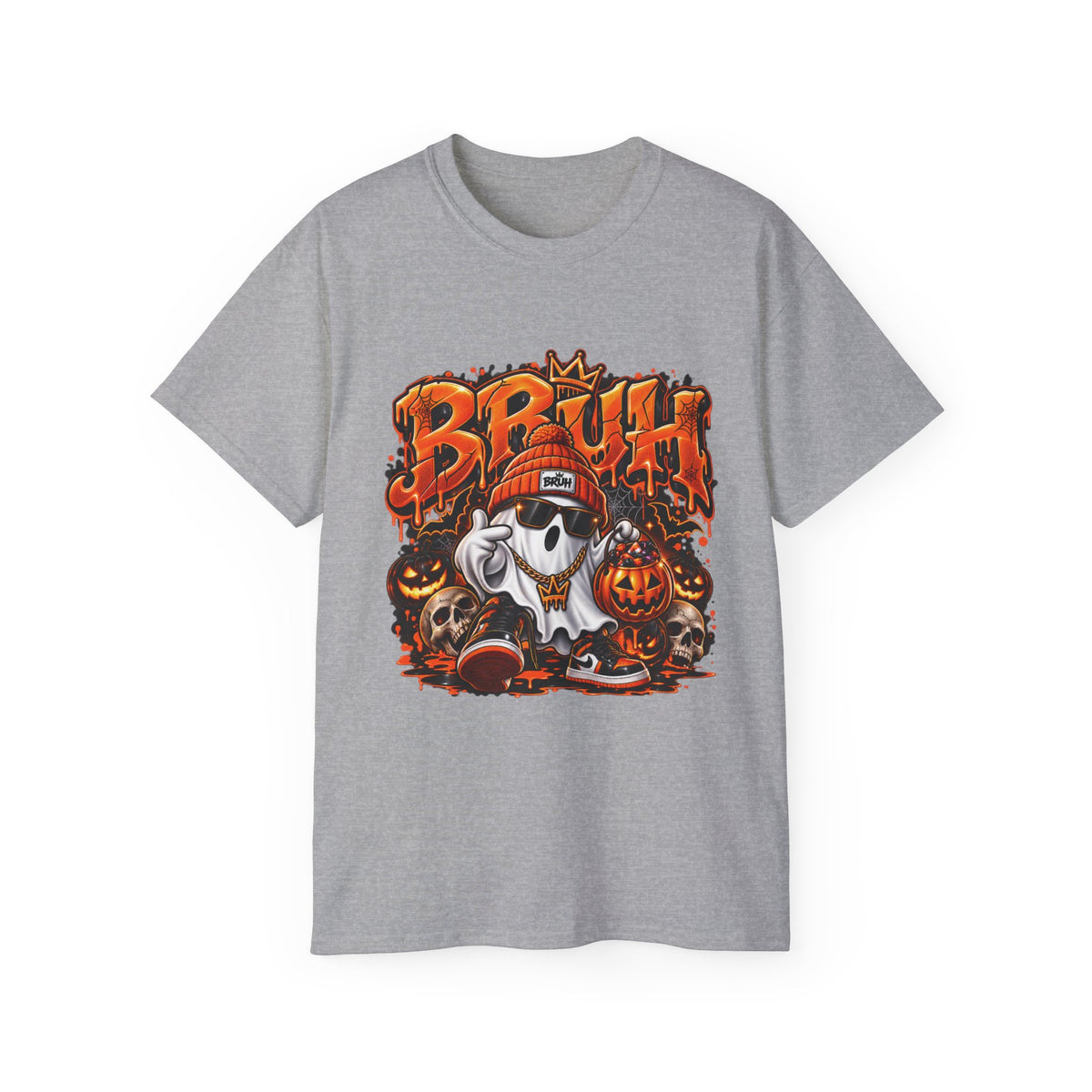Halloween 'Bruh' Ghost Tee –Enhanced Spooky Pumpkin Skull Graphic T-Shirt