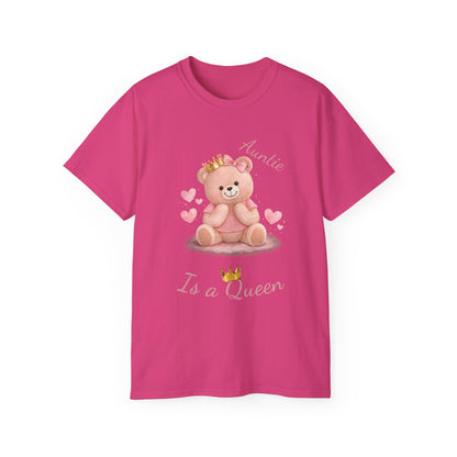“Auntie Is a Queen” Cotton Tee — Cute Pink Crowned Bear Gift
