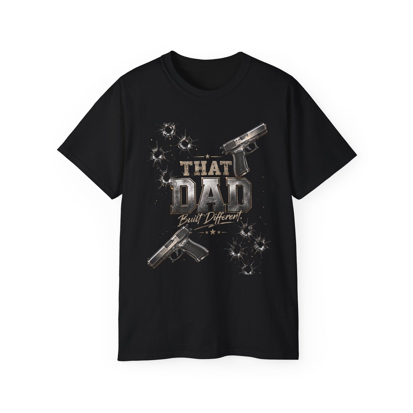 That Dad Built Different T‑Shirt — Gun & Bullet Hole Graphic Father’s Day Tee