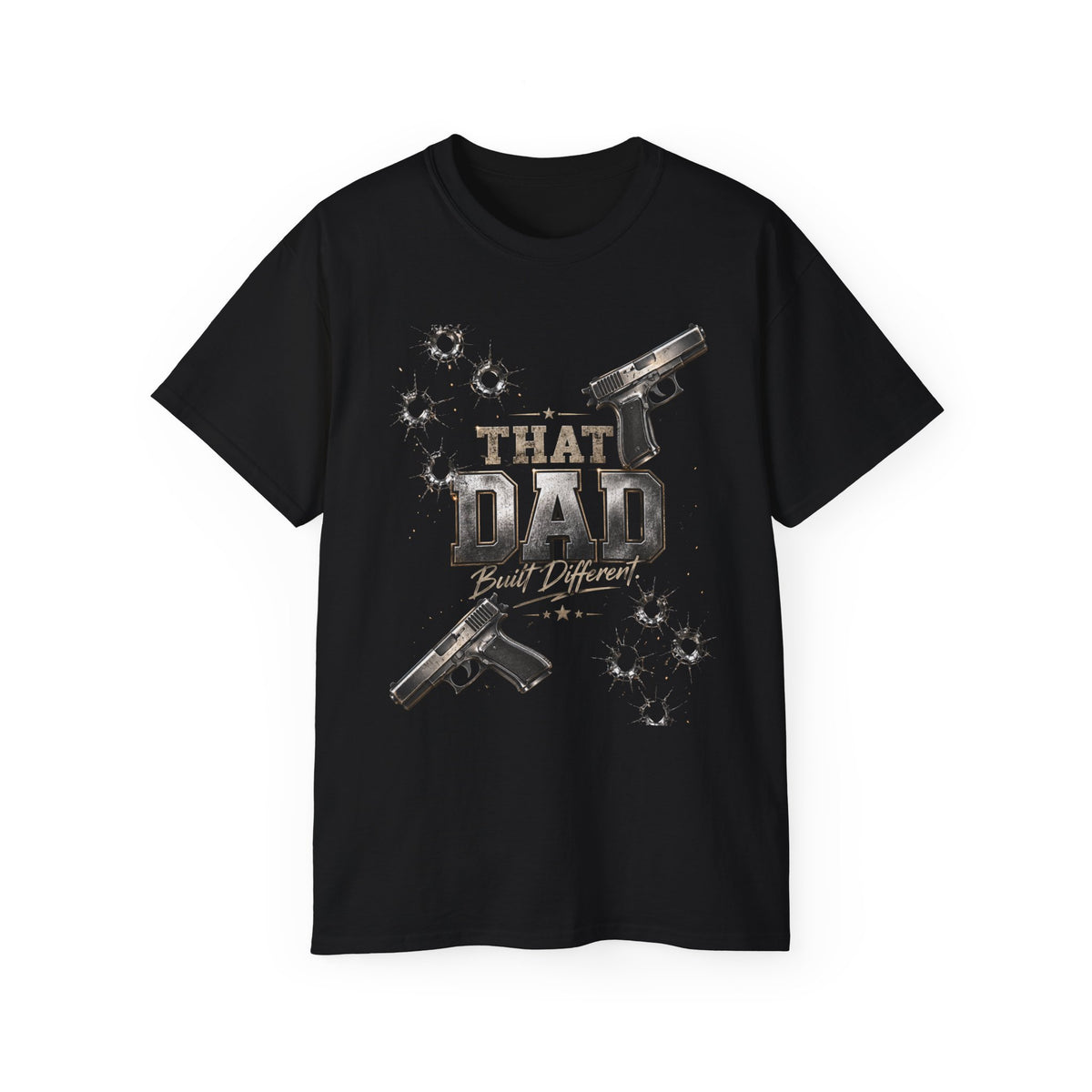 That Dad Built Different T‑Shirt — Gun & Bullet Hole Graphic Father’s Day Tee
